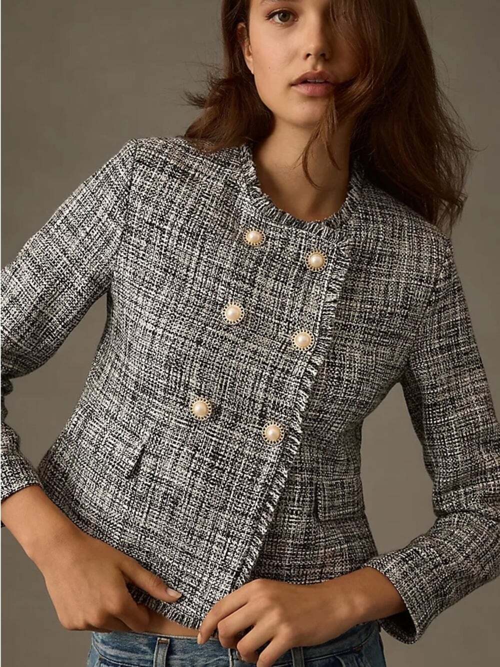 Maeve Anthropologie Womens Black White Tweed Double Breasted Jacket 12P Career